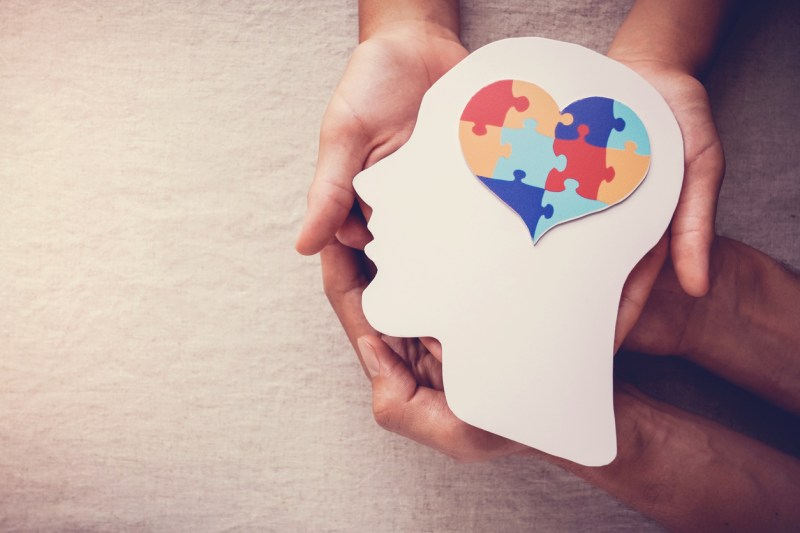 Two pairs of hands holding a white cardstock cutout of a human head with a colorful heart-shaped jigsaw puzzle in the brain.