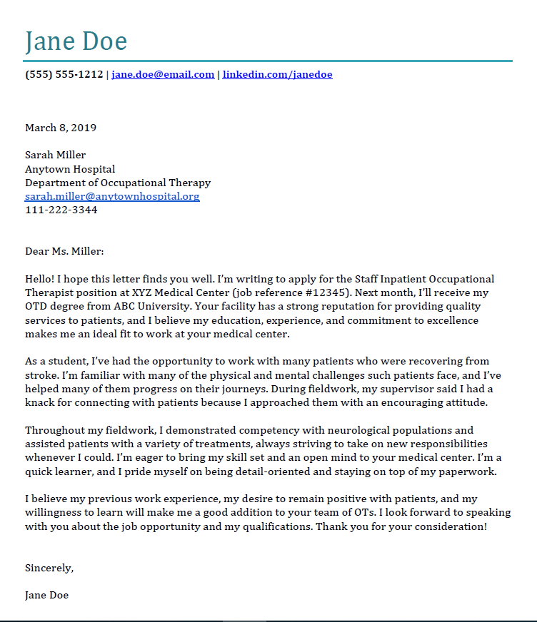 entry-level occupational therapy cover letter
