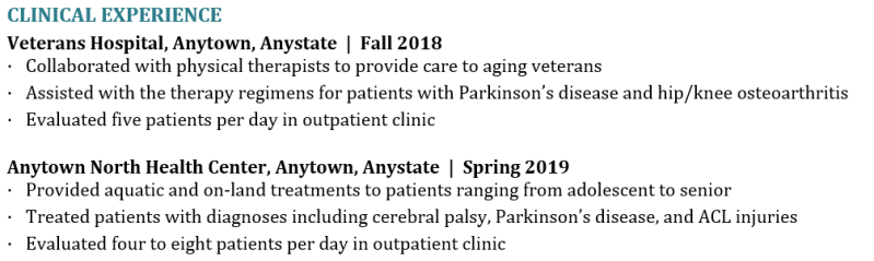 physical therapy resume example - how not to format the Clinical Experience section - wrong order of dates