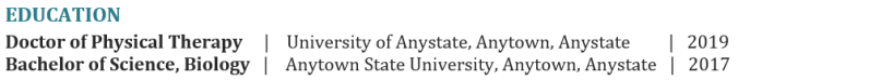 physical therapy resume example - how to properly format Education section