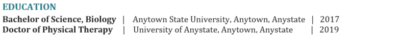 physical therapy resume example - how not to format the Education section - dates are out of order