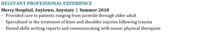 physical therapy resume example - how to properly format Relevant Professional Experience section