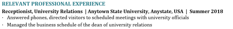 physical therapy resume example - how not to format the Relevant Professional Experience section - irrelevant job info