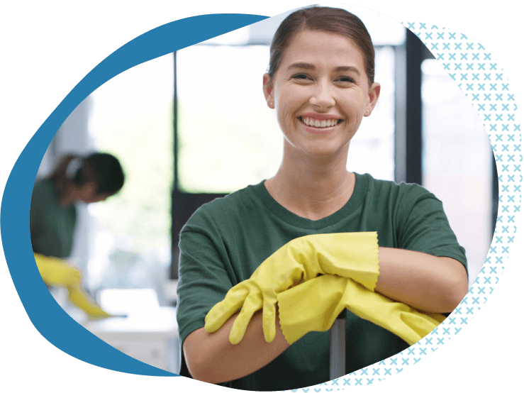 female cleaner with yellow gloves learning about cleaning liability insurance