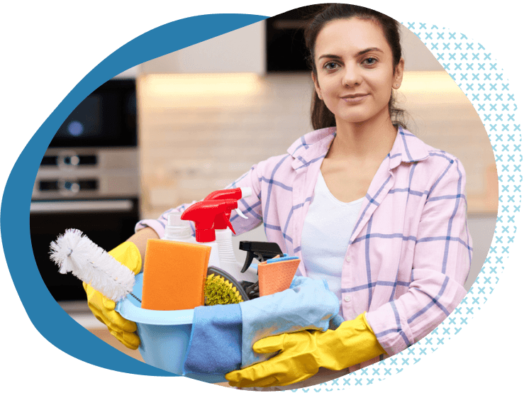 female house cleaning holding cleaning supplies | insurance for housekeepers