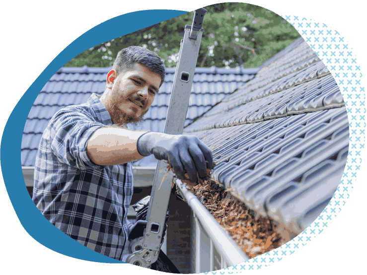 man in flannel on ladder cleaning gutters thinking about gutter cleaning general liability insurance